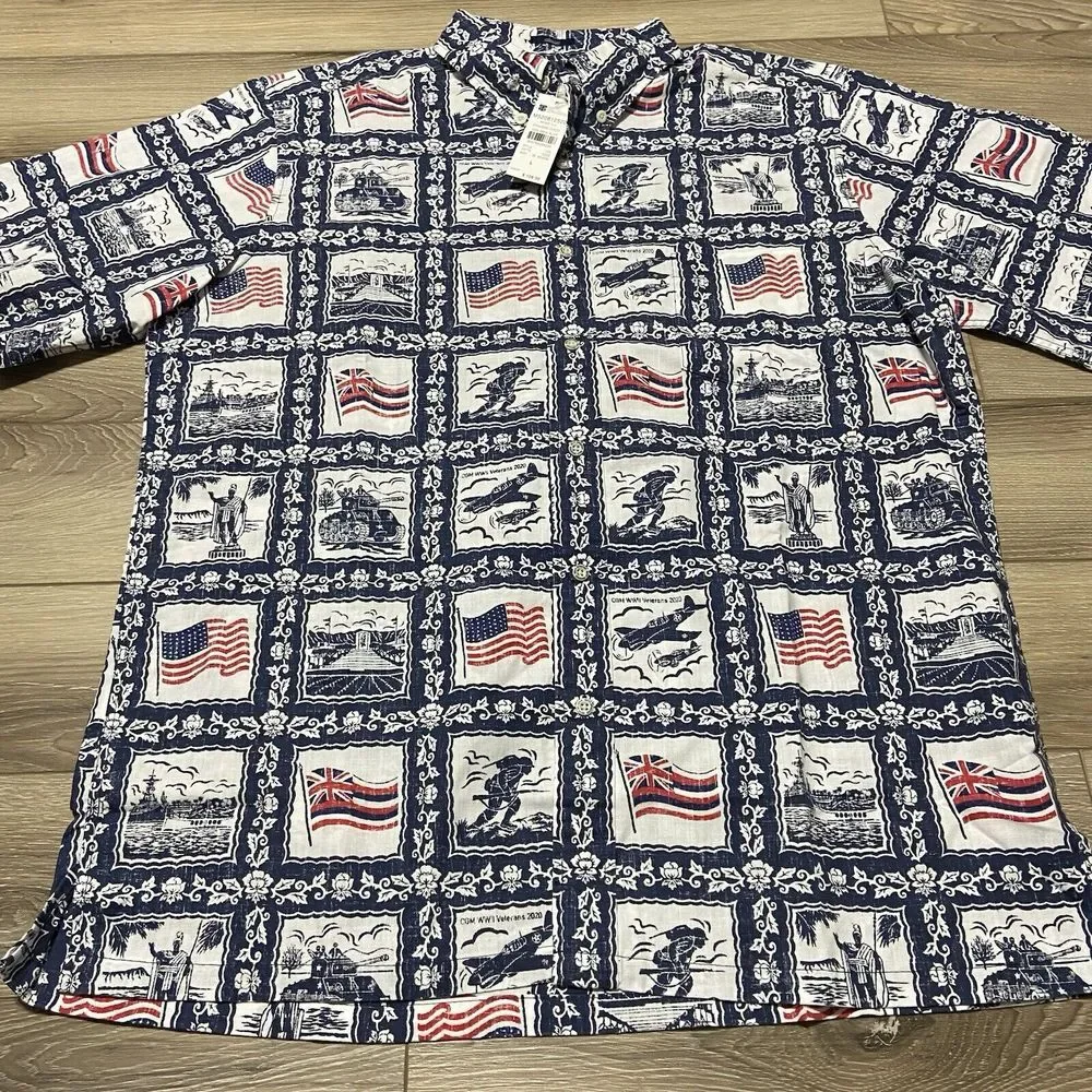Reyn Spooner Hawaiian Shirt Mens Large USA Flag WWII Red, White, & Blue NWT